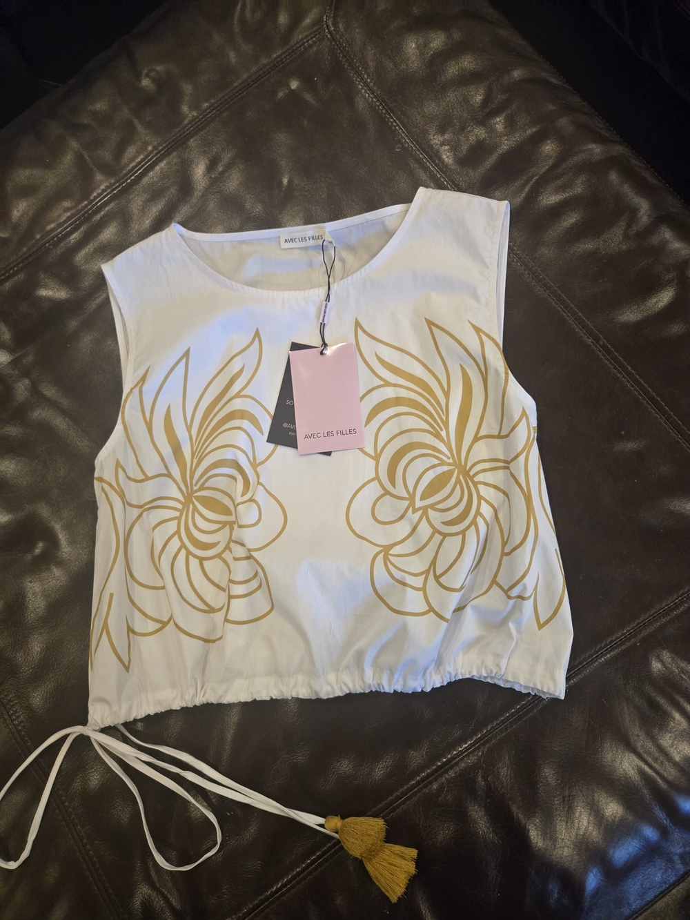 Avec Les Filles White Crop Top with Gold Floral Print